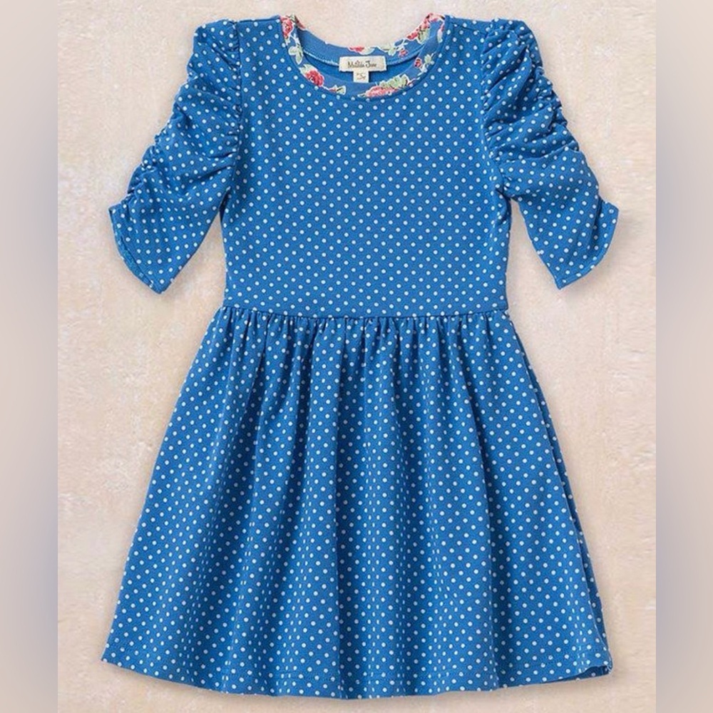 Matilda Jane Reagan Lap Dress Blue Polka Dot ruched